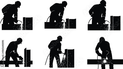 Welding worker silhouette set, industrial safety gear, sparks flying, metalwork posture, black vector illustration, construction labor scene