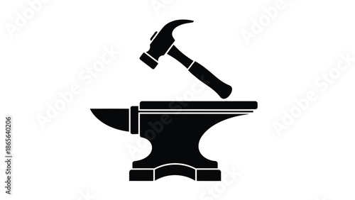 A blacksmith s anvil and hammer depicted in a simple black and white illustration