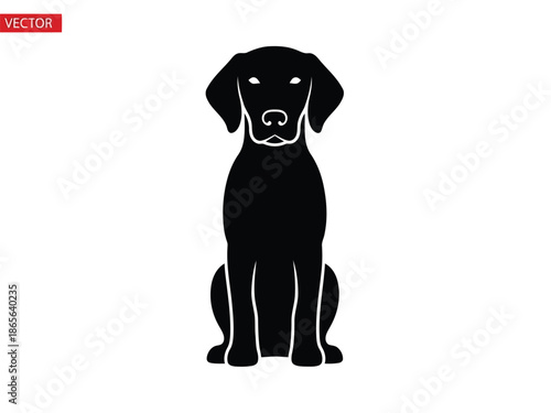 Vector silhouette of black silhouette of a dog sitting on looking straight ahead with floppy ears
