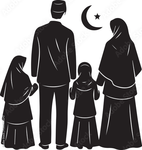 A silhouette illustration of a Muslim family, including a father, mother, and two daughters, standing together with a crescent moon and star symbol.