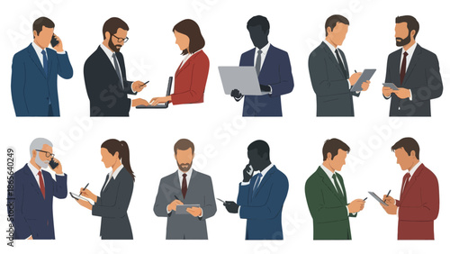 Business professionals engaged in various office tasks and communication