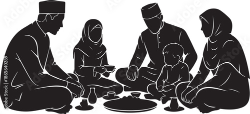 Silhouette illustration of a Muslim family sharing a meal together on the floor, depicting togetherness and traditional dining.
