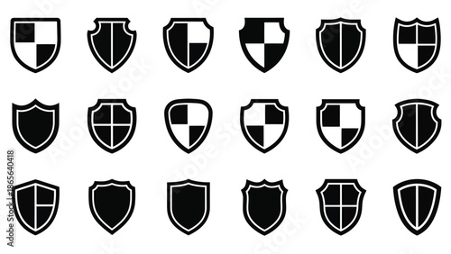 Collection of heraldic shields with various black and white designs displayed