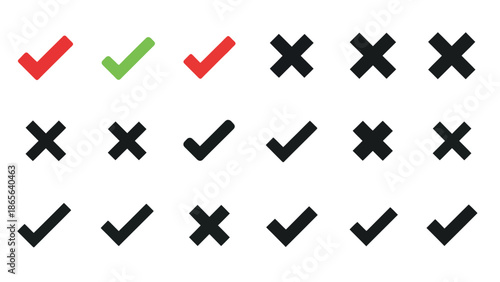 A collection of check marks and crosses in red green and black
