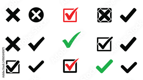 Various check and x mark symbols in different colors and designs