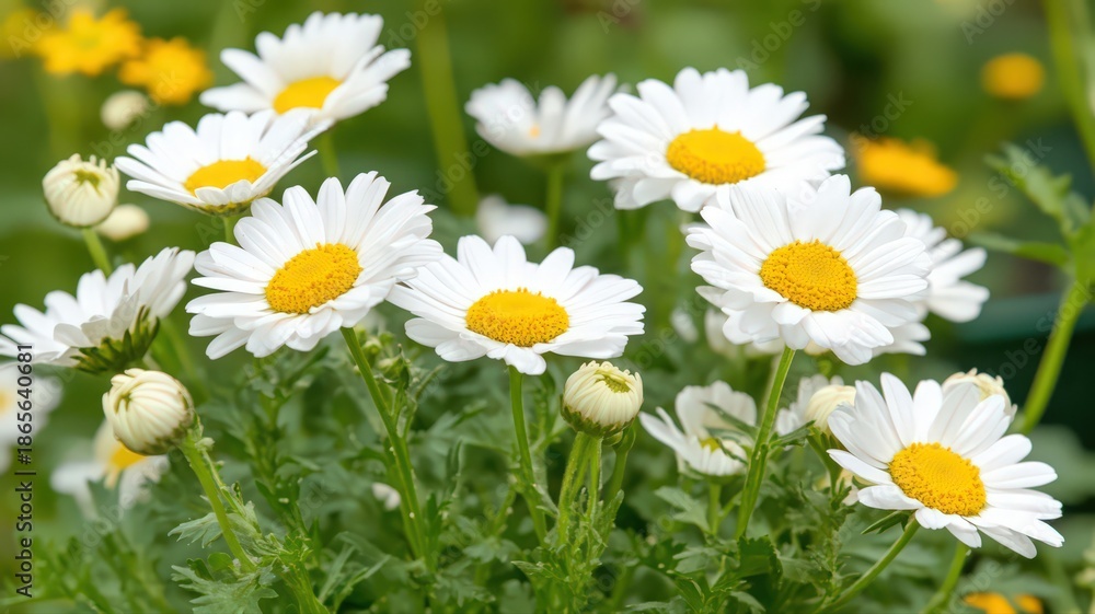 Fototapeta premium Close-Up of White Daisies with Yellow Centers in a Lush Green Meadow