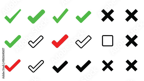 A collection of check marks x marks empty boxes and various tick symbols
