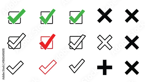 Collection of check marks crosses and plus signs in black red and green