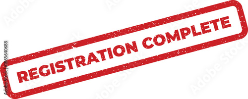 Textured rectangular stamp vector displaying REGISTRATION COMPLETE text, confirming successful enrollment or submission