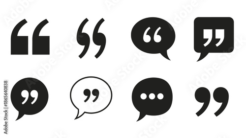 Collection of diverse black and white quotation mark and speech bubble icons