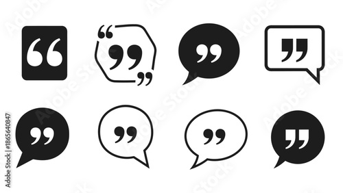 Black and white illustration of various quotation mark symbols and speech bubbles