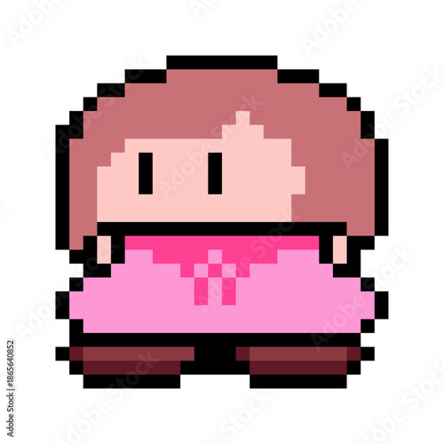 Tiny Girl with Pink Dress, Pixel Art Icon, Isolated