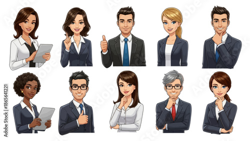 Diverse business professionals in various poses and expressions