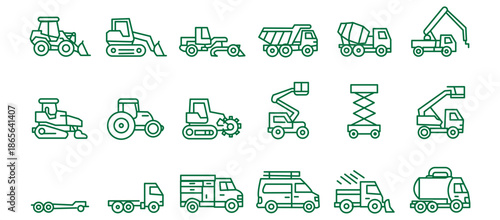 Construction vehicle line icon set. Vector pictograms of bulldozer, loader, grader, paver, roller, lowboy hauler, utility, concrete mixer, thin linear illustration.