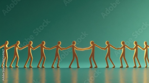 Unity and Collaboration Concept with Orange Human Figures Holding Hands Against a Green Background