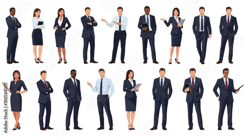 Diverse business professionals in various poses and attire