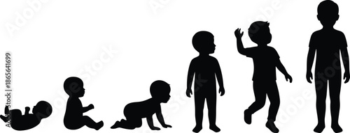 Baby growth stages silhouettes from infant to child, childhood development process, family timeline, human life cycle, kids evolution illustration