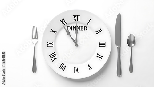 White dinner plate with clock face and silverware on white background.