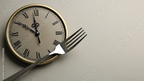 Fork resting on a clock face indicating mealtime or schedule.