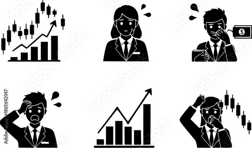 Minimalist Black and White Vector Icon Set Depicting Professional Business Reactions to Financial Market Fluctuations and Performance Trends
