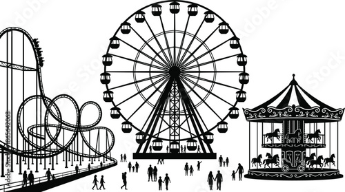 Amusement park silhouette illustration with ferris wheel roller coaster carousel people crowd carnival theme black white entertainment design