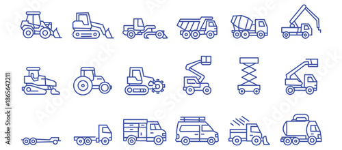Construction vehicle line icon set. Vector pictograms of bulldozer, loader, grader, paver, roller, lowboy hauler, utility, concrete mixer, thin linear illustration.