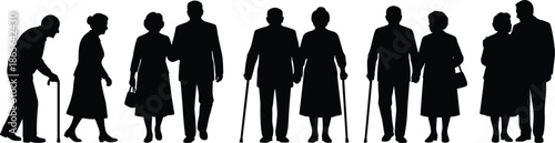 Elderly couples silhouettes walking together, senior lifestyle concept, aging society diversity, retirement generation, family support, healthcare awareness illustration