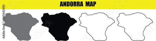 Outline and filled map of Andorra in black and white with yellow background