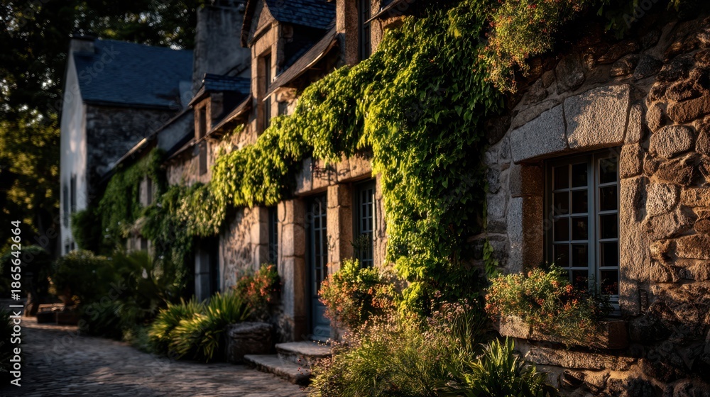 Fototapeta premium A charming stone cottage covered in green ivy, illuminated by warm sunlight, showcasing a picturesque pathway lined with vibrant flowers.