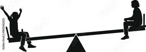 Children playing on seesaw silhouette illustration kids balancing playground fun childhood joy outdoor activity black white simple concept