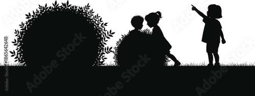 Children playing outdoors silhouette illustration kids exploring nature bushes pointing curiosity childhood adventure black white landscape scene