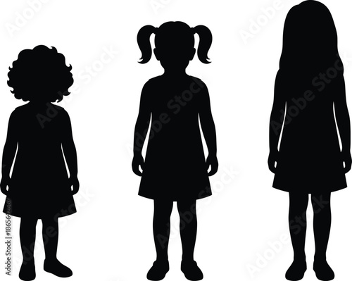 Girl growth stages silhouettes from toddler to teenager, childhood development concept, female life cycle, family generation timeline, kids evolution