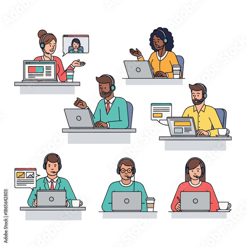 Diverse team of professionals working remotely with headsets