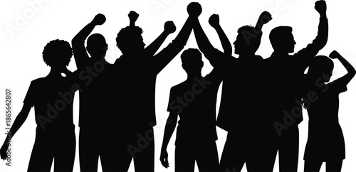Diverse group of people silhouette raising fists together unity teamwork protest success celebration concept black white illustration