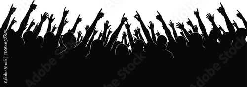 Excited crowd raising hands silhouette illustration concert audience cheering unity music festival event energy black white background scene
