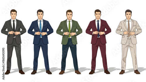 Professional businessmen in various colorful suits standing confidently