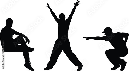 Hip hop dancers silhouettes, street dance poses, urban lifestyle concept, breakdance action, freestyle movement, modern youth culture illustration