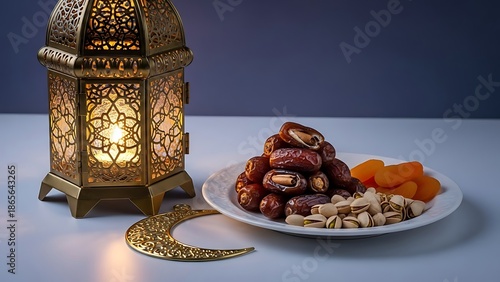 Traditional Ramadan decorations with dates and lantern.
