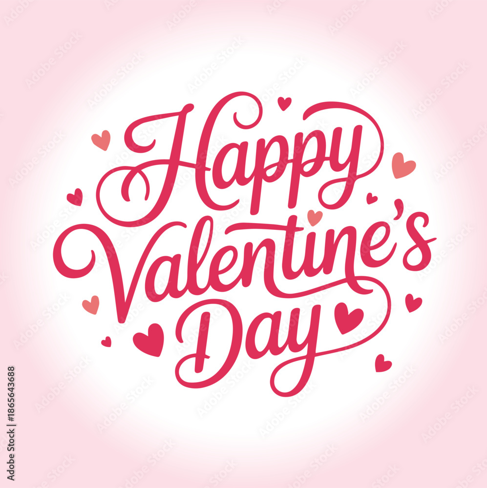 Obraz premium Graceful script text wishes Happy Valentines Day with small decorative hearts on a gentle pink and white gradient