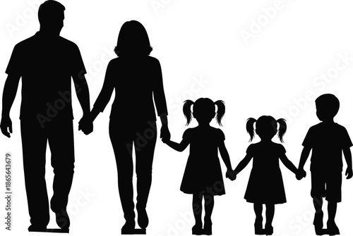 Happy family walking together silhouette illustration parents and children holding hands love care unity black white lifestyle concept