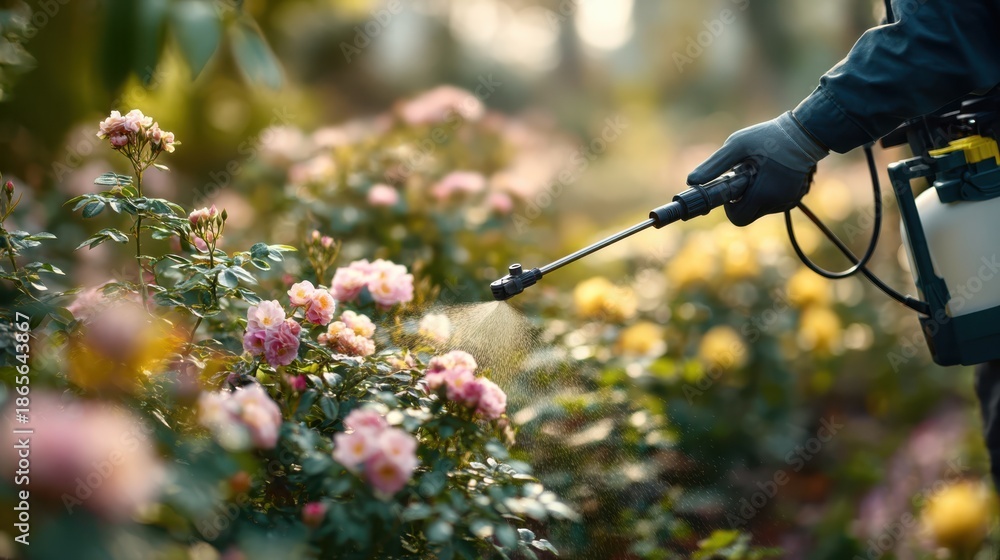 Obraz premium A person sprays plants in a garden, tending to blooming roses with a handheld sprayer, showcasing gardening and plant care.