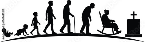 Human life stages silhouettes from baby to elderly with gravestone, aging process concept, family generation timeline, mortality awareness illustration