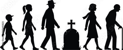 Human life journey silhouettes from child to elderly passing gravestone, aging process concept, family generation timeline, mortality awareness illustration