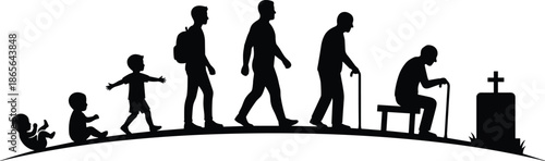 Human life stages silhouettes from baby to elderly sitting near gravestone, aging process concept, family generation timeline, mortality awareness