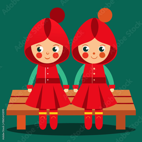 Dua boneka merah diatas bangku kayu panjang
