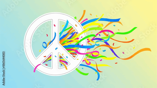 Peace Symbol with Colorful Confetti and Ribbons.
