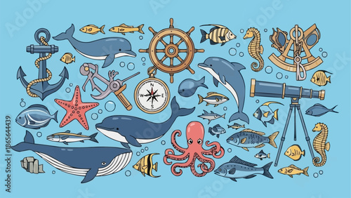 Collection of marine life and nautical objects illustration.
