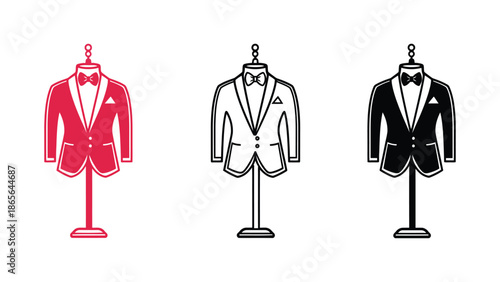 Elegant tuxedo on mannequins in red, black and white outlines, representing formal wear options.