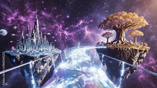 Surreal landscape with a fantasy castle on one cliff and trees on another, connected by glowing lines against a purple cosmic background.