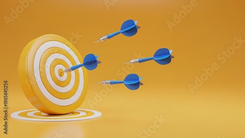 Strategic Aiming for Business Success Blue Darts Approaching a Yellow Dartboard, Symbolizing Goal Setting, Precision, Performance, and the Dynamic Process of Achieving Objectives